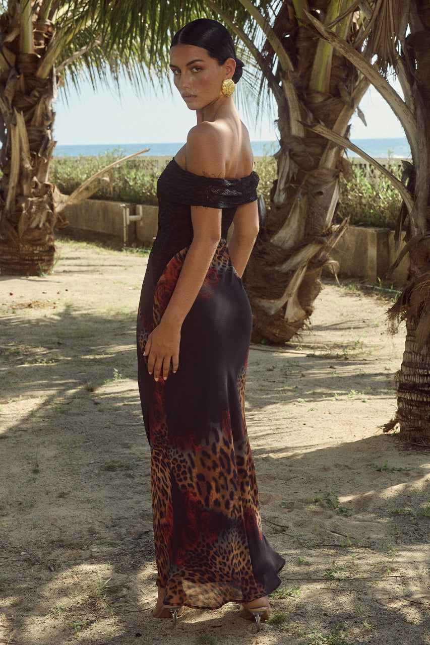 Amoret Midi Elbise - Siyah Leopar