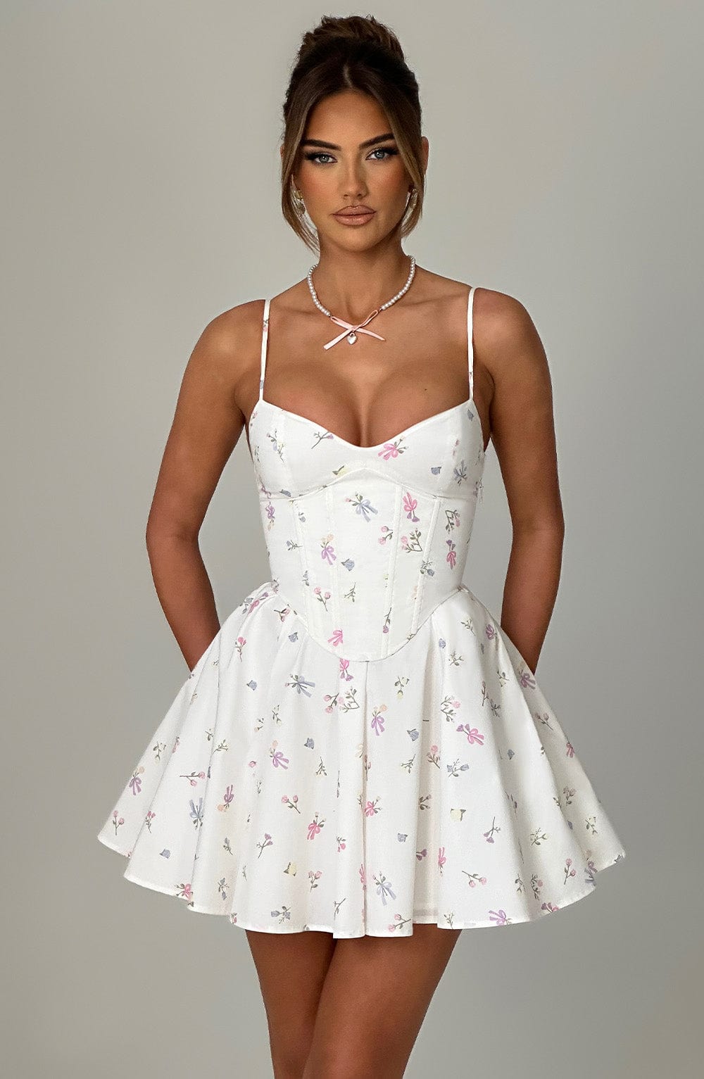 Analeigh Mini Elbise - Beyaz Çok Çiçekli Baskı