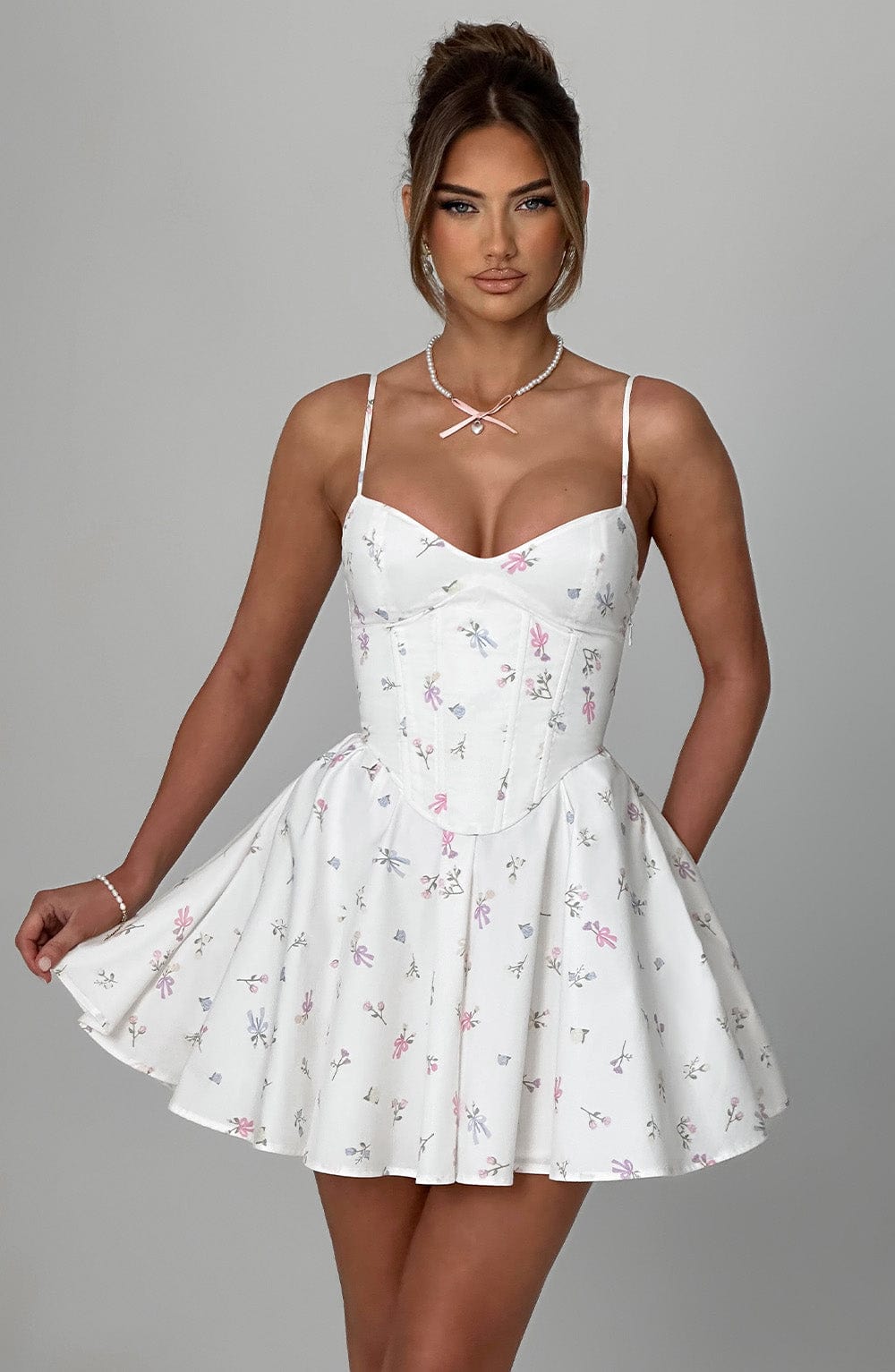 Analeigh Mini Elbise - Beyaz Çok Çiçekli Baskı