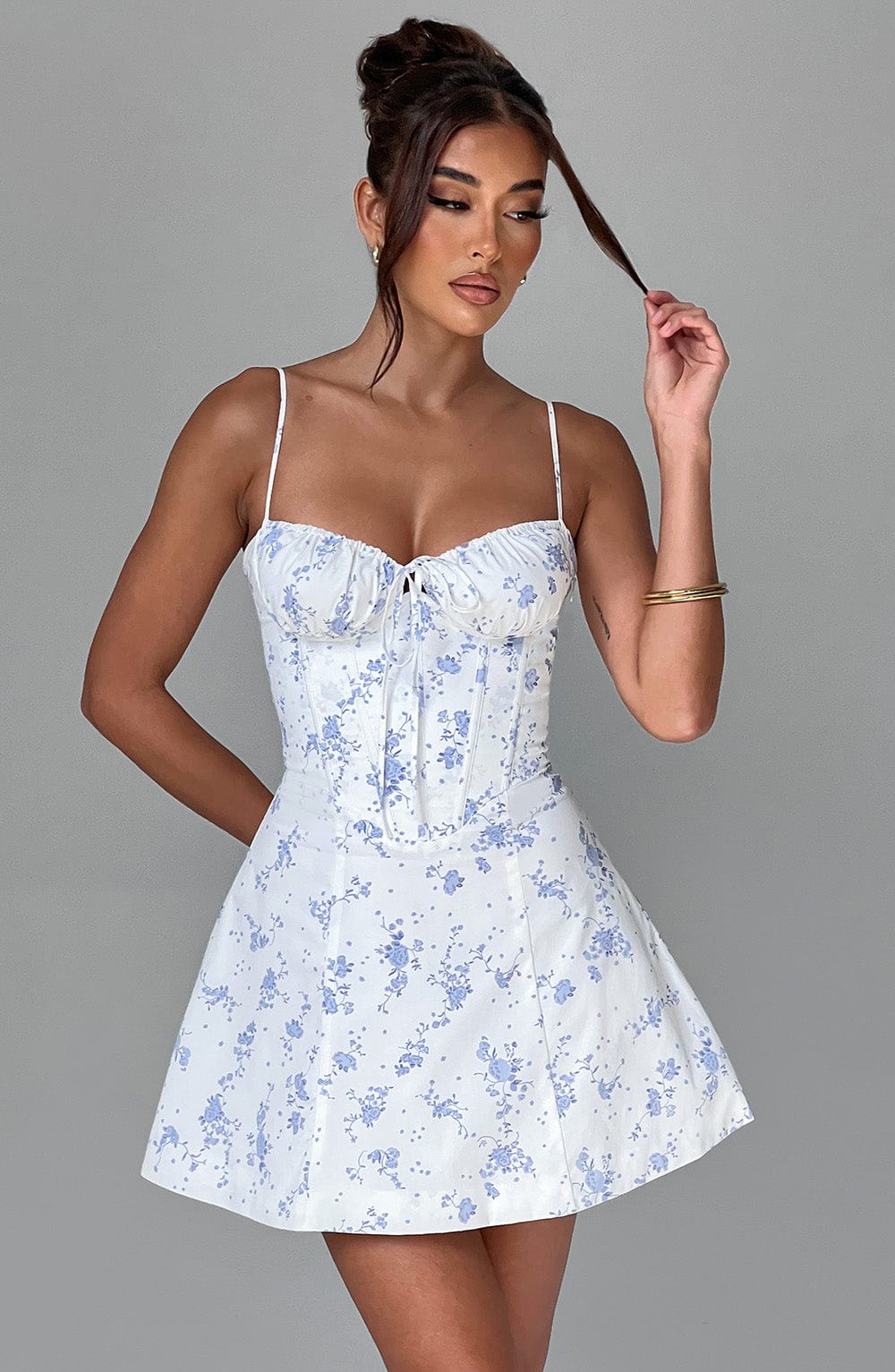Lacey Mini Elbise - Mavi Ditsy Baskı
