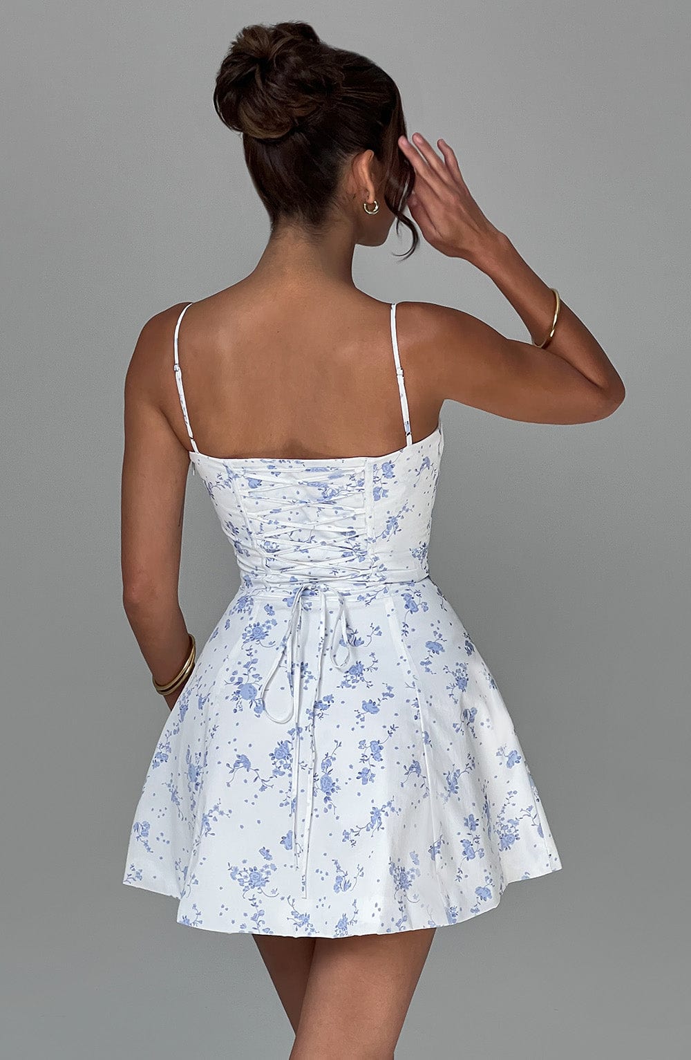 Lacey Mini Elbise - Mavi Ditsy Baskı