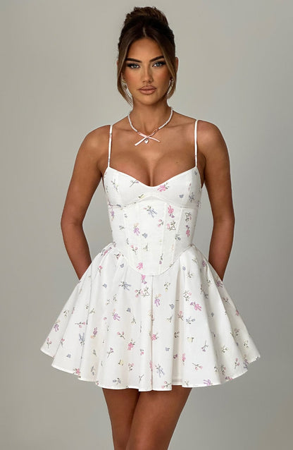Analeigh Mini Elbise - Beyaz Çok Çiçekli Baskı