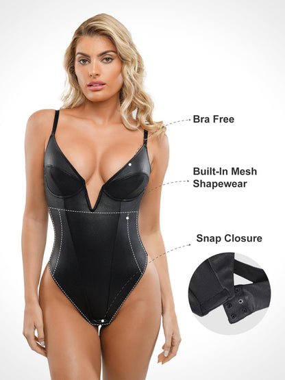 Shapewear Derin V Yaka Deri Bodysuit Yırtmaçlı Midi Etek Takım