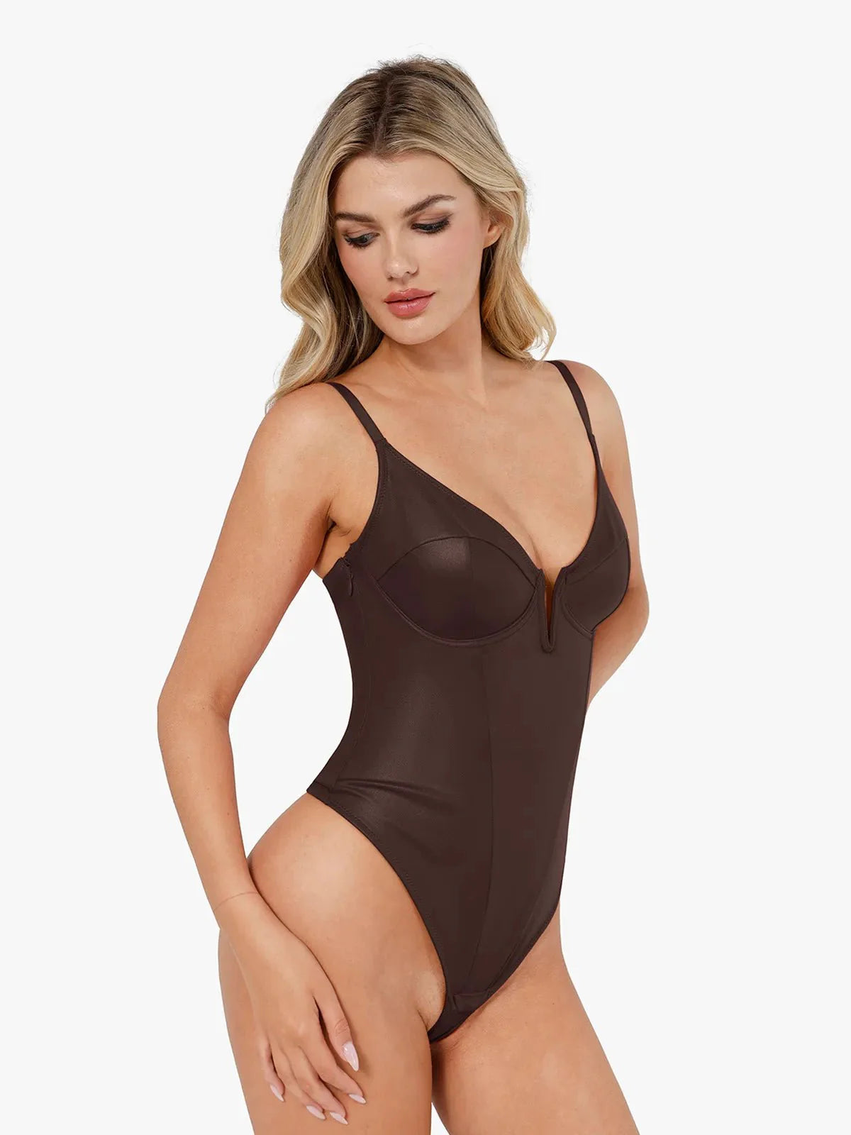 Shapewear Derin V Yaka Deri Bodysuit Yırtmaçlı Midi Etek Takım