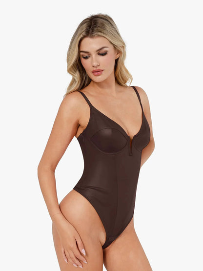 Shapewear Derin V Yaka Deri Bodysuit Yırtmaçlı Midi Etek Takım