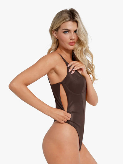 Shapewear Derin V Yaka Deri Bodysuit Yırtmaçlı Midi Etek Takım