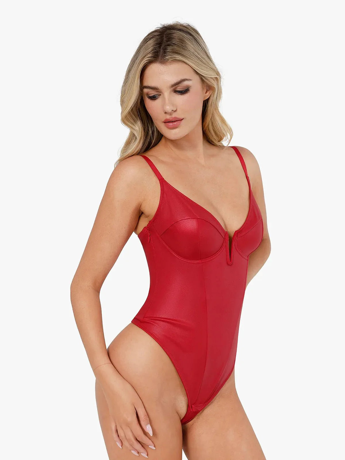 Shapewear Derin V Yaka Deri Bodysuit Yırtmaçlı Midi Etek Takım