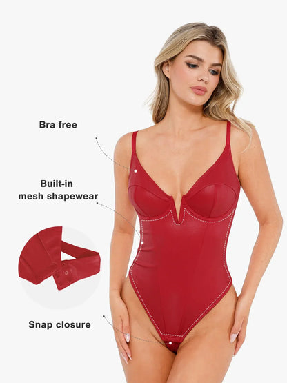 Shapewear Derin V Yaka Deri Bodysuit Yırtmaçlı Midi Etek Takım