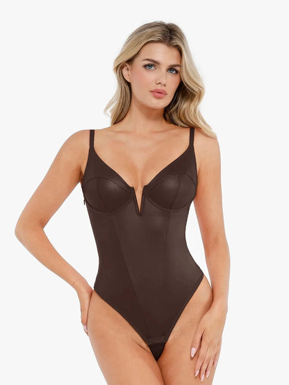 Shapewear Derin V Yaka Deri Bodysuit Yırtmaçlı Midi Etek Takım