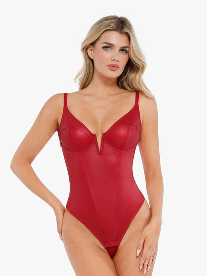 Shapewear Derin V Yaka Deri Bodysuit Yırtmaçlı Midi Etek Takım