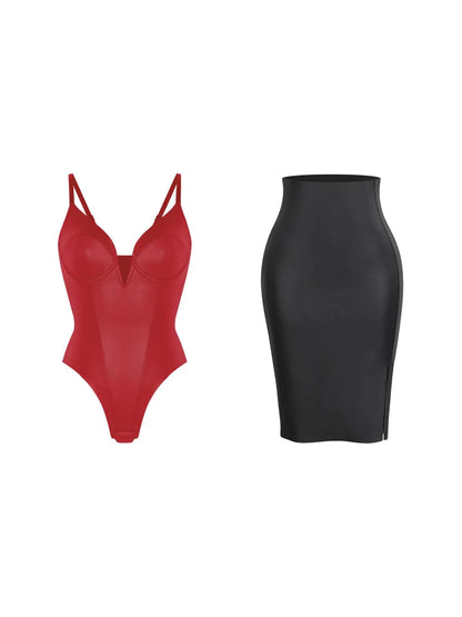 Shapewear Derin V Yaka Deri Bodysuit Yırtmaçlı Midi Etek Takım