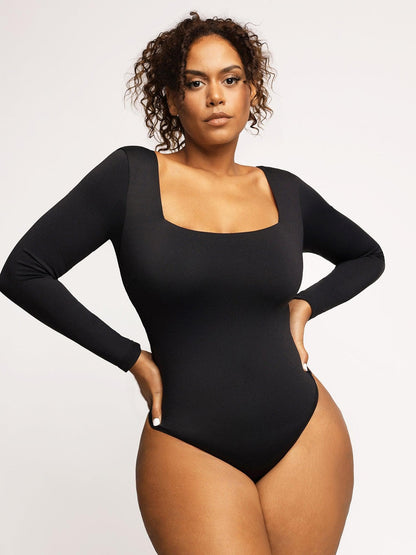 Shapewear Uzun Kollu Şekillendirici Bodysuit Deri Midi Etek Takım