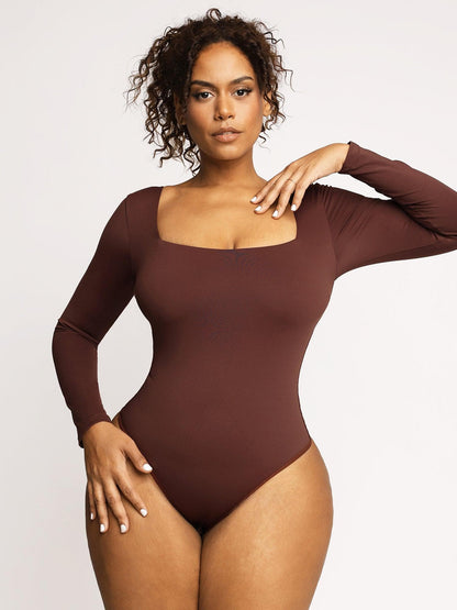 Shapewear Uzun Kollu Şekillendirici Bodysuit Deri Midi Etek Takım