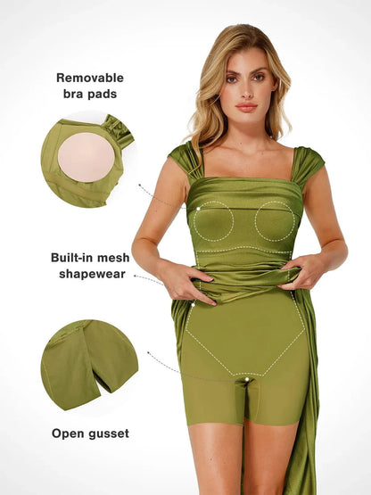 Shapewear Kapalı Omuz Shine Dantelli Şekillendirici Maksi Elbise