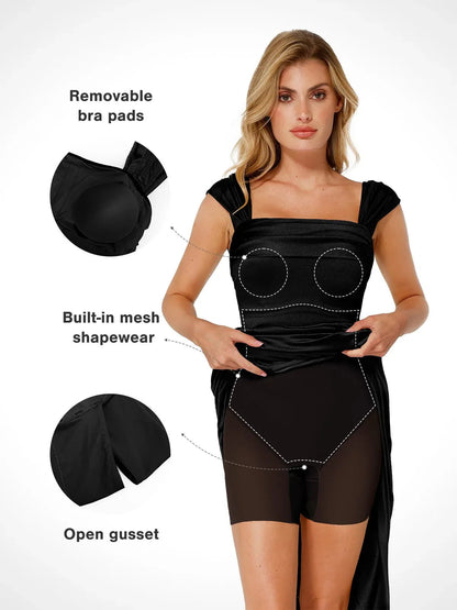 Shapewear Kapalı Omuz Shine Dantelli Şekillendirici Maksi Elbise