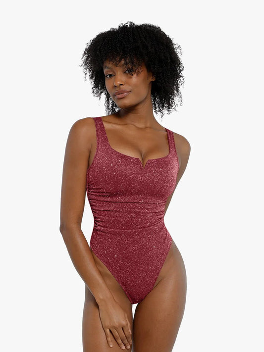 Shapewear Dantelli Metalik Örgü Kare Yaka İnceltici Bodysuit