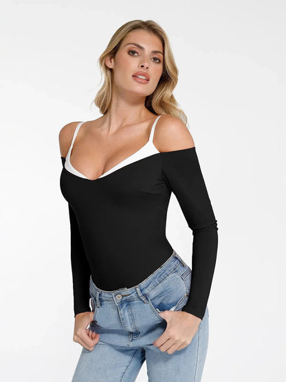 Shapewear Uzun Kollu Soğuk Omuz Karın Kontrol Bodysuit