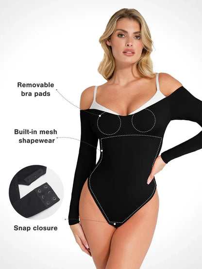 Shapewear Uzun Kollu Soğuk Omuz Karın Kontrol Bodysuit