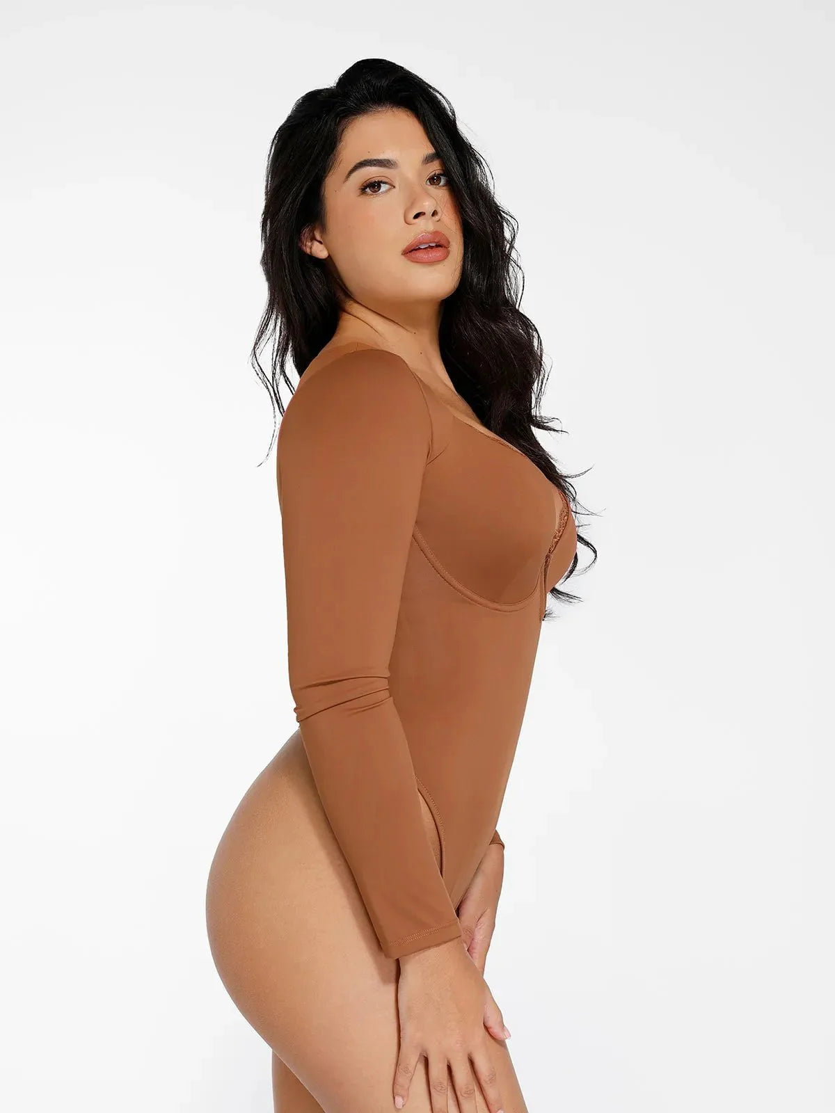 Shapewear Uzun Kollu Dantel Trim V Yaka İnceltici Bodysuit