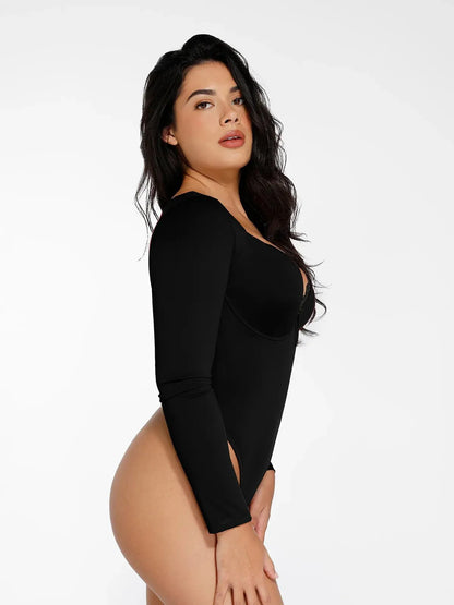 Shapewear Uzun Kollu Dantel Trim V Yaka İnceltici Bodysuit