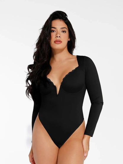 Shapewear Uzun Kollu Dantel Trim V Yaka İnceltici Bodysuit