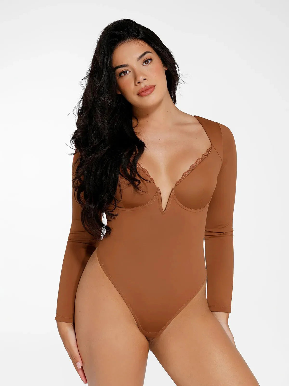 Shapewear Uzun Kollu Dantel Trim V Yaka İnceltici Bodysuit