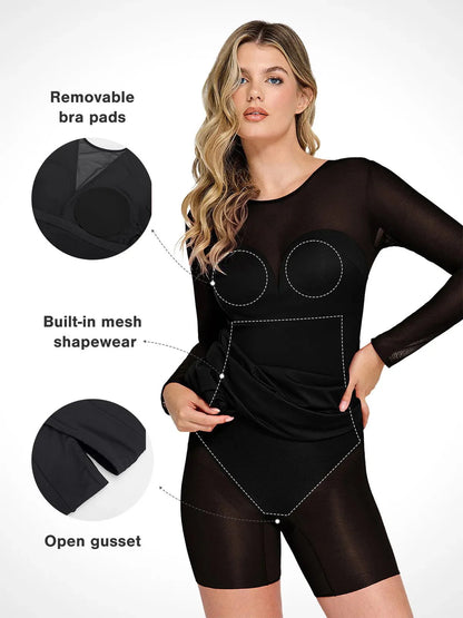 Shapewear File Uzun Kollu V-Sırt İnceltici Maksi Elbise