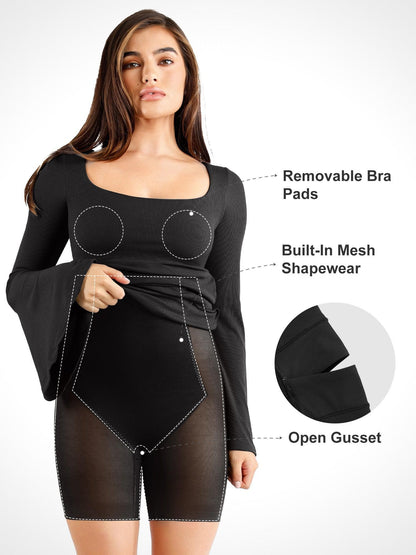 Shapewear Çan Kol Kare Yaka İnceltici Midi Elbise