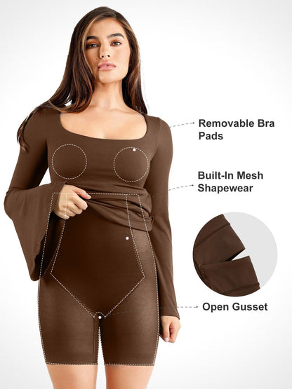 Shapewear Çan Kol Kare Yaka İnceltici Midi Elbise