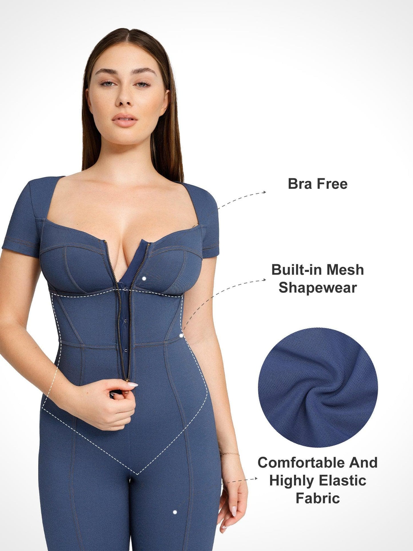 Shapewear Denim Kısa Kollu Fermuarlı Önden Kalça şekillendirici Tulum