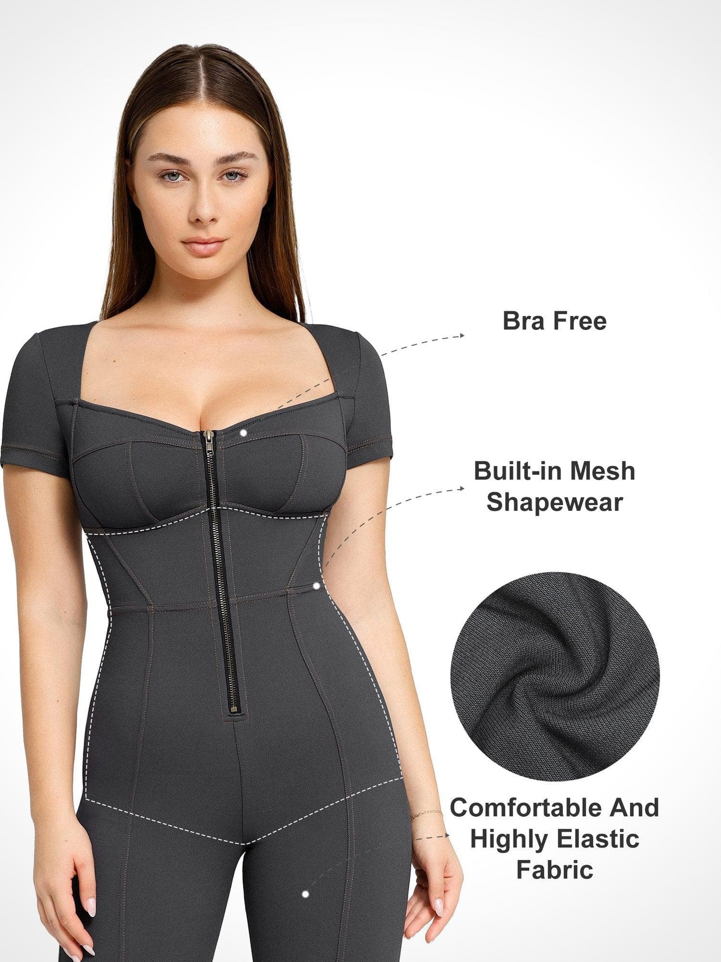 Shapewear Denim Kısa Kollu Fermuarlı Önden Kalça şekillendirici Tulum