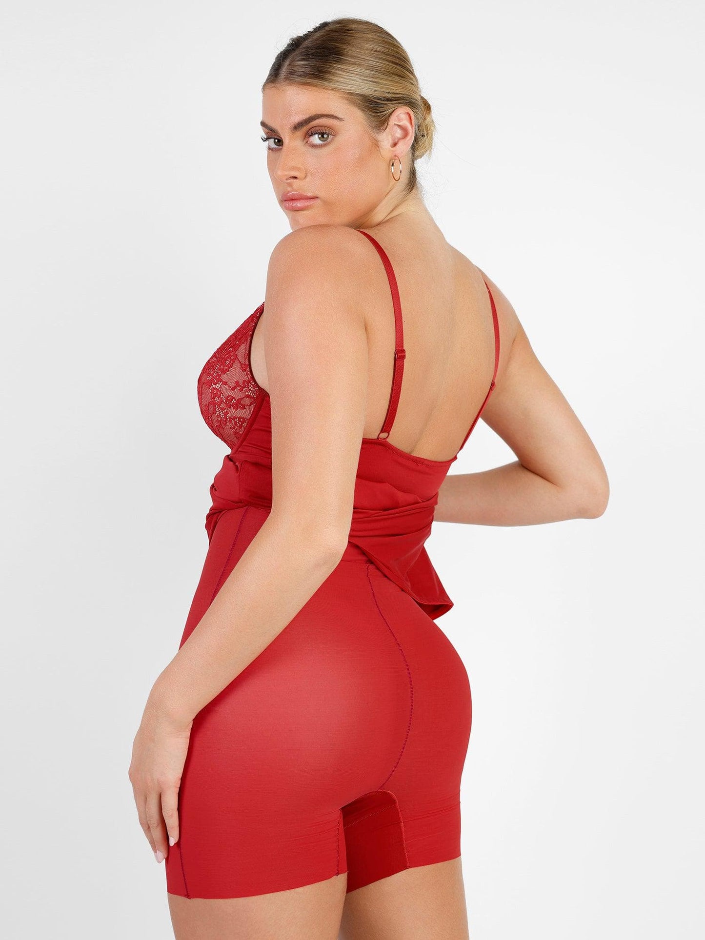 Shapewear Dantel V Yaka Yandan Yırtmaçlı İnceltici Maksi Slip Elbise