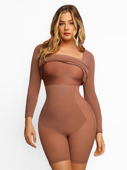 Shapewear Kare Yaka Uzun Kollu İnceltici Modal Maksi Elbise