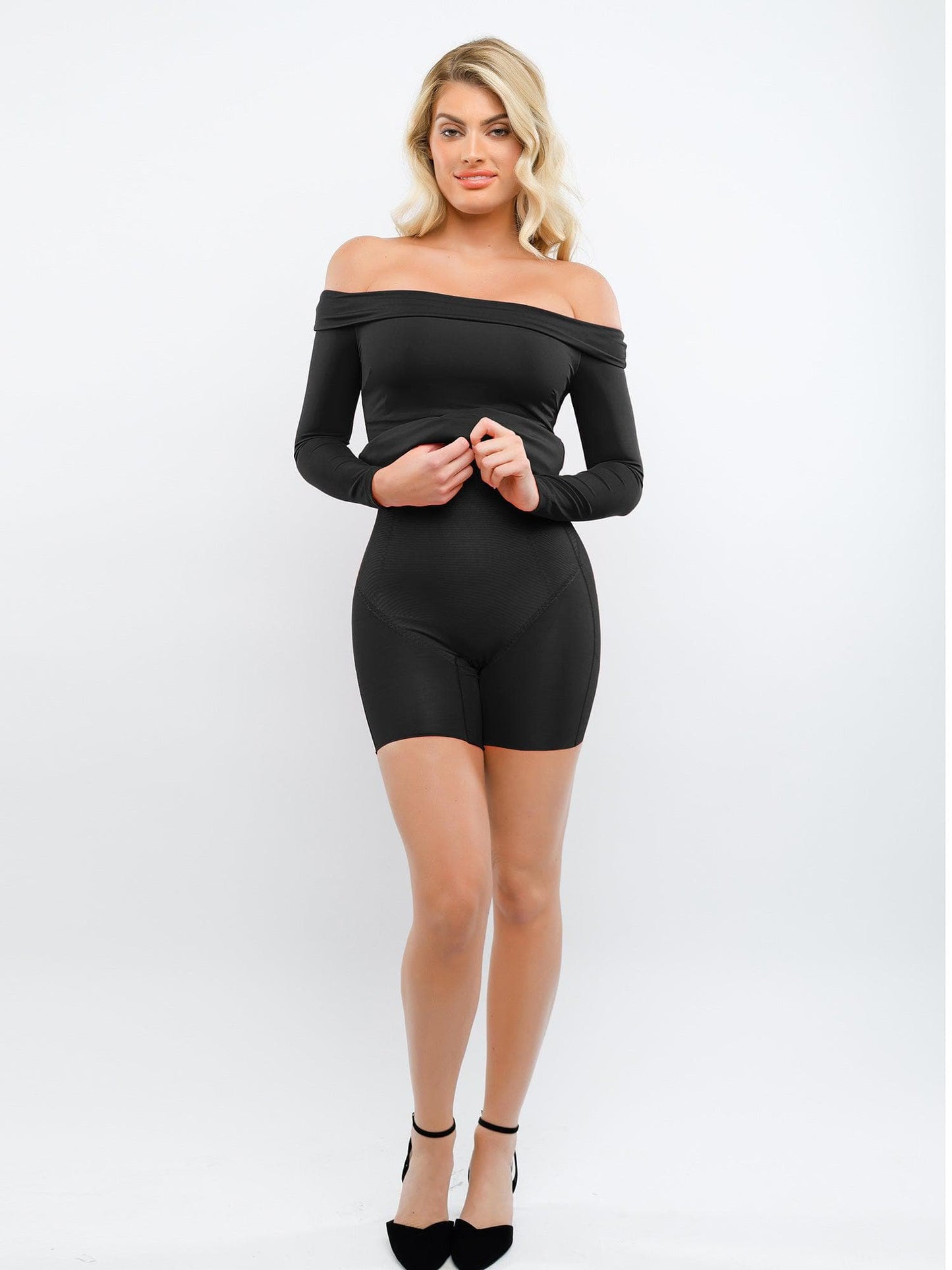 Shapewear Uzun Kollu Omuzları Açık Bodycon Mini Elbise