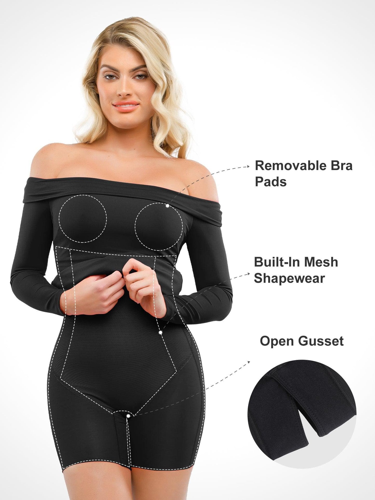 Shapewear Uzun Kollu Omuzları Açık Bodycon Mini Elbise