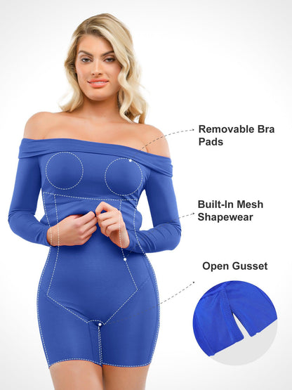 Shapewear Uzun Kollu Omuzları Açık Bodycon Mini Elbise