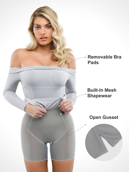 Shapewear Uzun Kollu Omuzları Açık Bodycon Mini Elbise