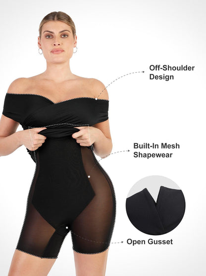 Shapewear Dantelli Omuz Açık Şekillendirici Midi Elbise