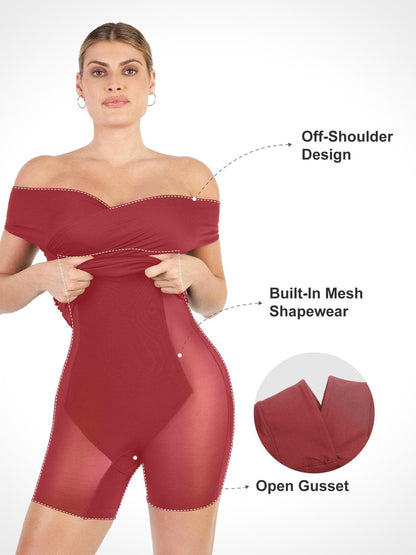 Shapewear Dantelli Omuz Açık Şekillendirici Midi Elbise