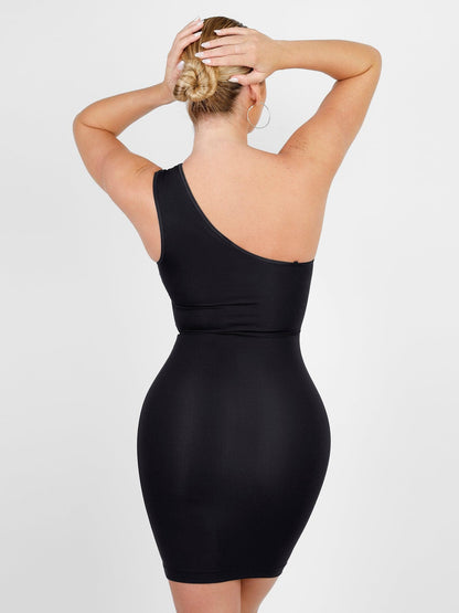 Shapewear Tek Omuz Kesimli Karın Kontrollü Mini Elbise