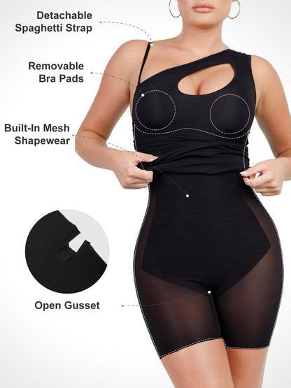 Shapewear Tek Omuz Kesimli Karın Kontrollü Mini Elbise