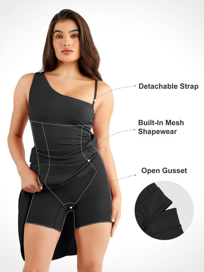 Shapewear Modal Tek Omuz Önden Yırtmaçlı İnceltici Maksi Elbise