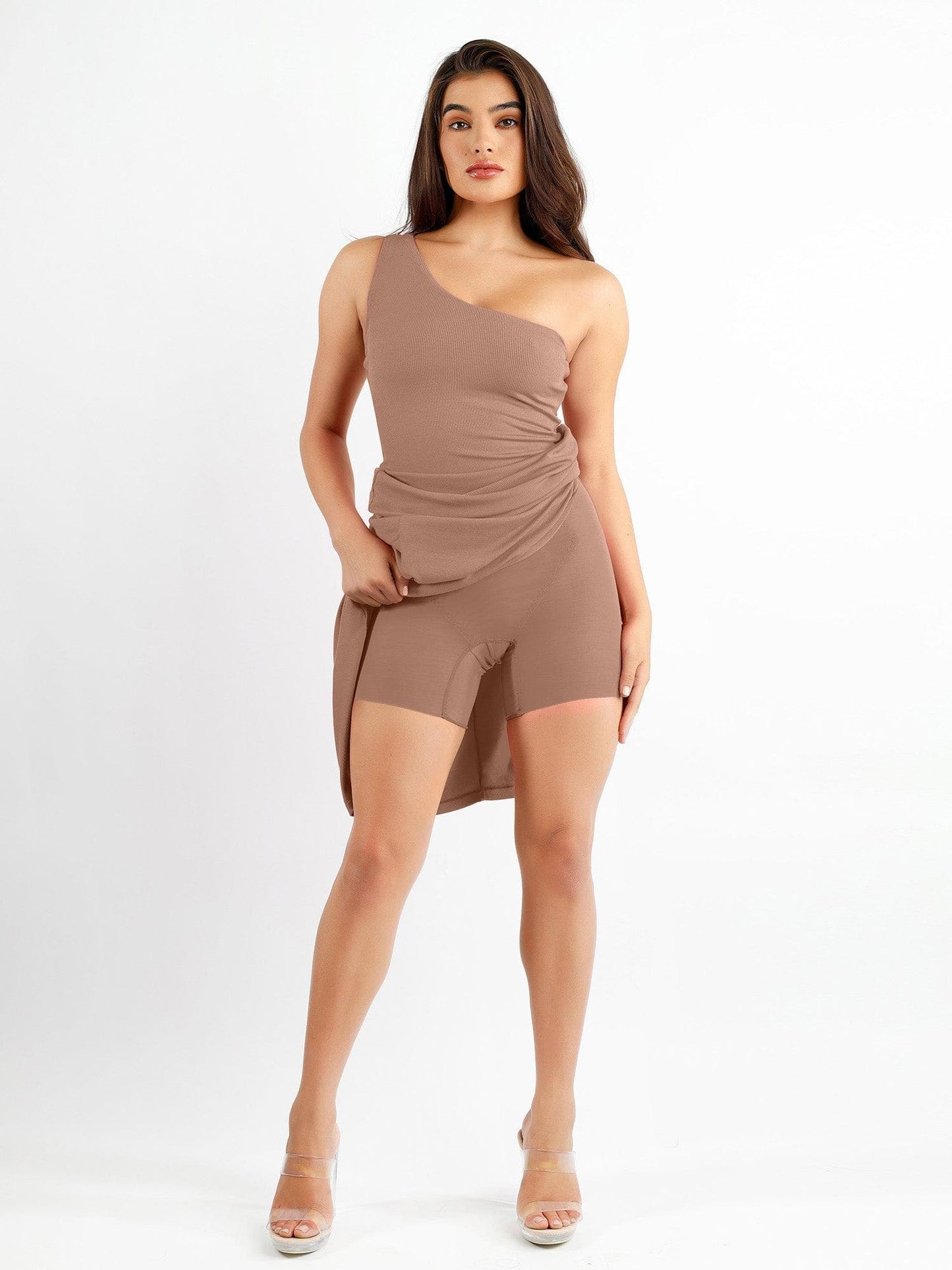 Shapewear Modal Tek Omuz Önden Yırtmaçlı İnceltici Maksi Elbise