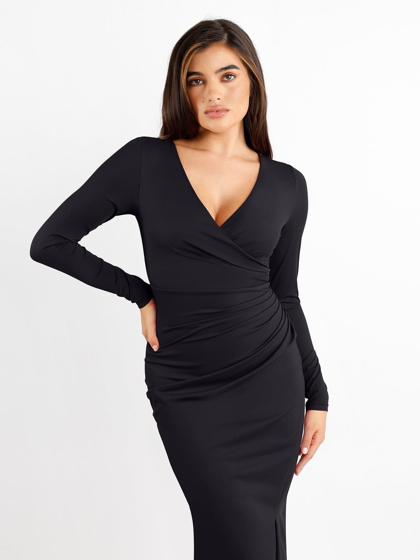 Shapewear Dantelli Uzun Kollu Faux Wrap İnceltici Midi Elbise