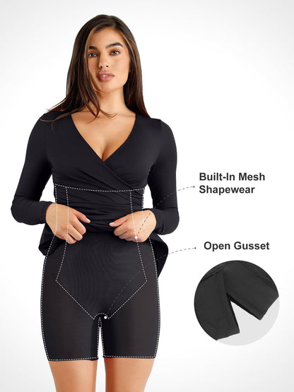 Shapewear Dantelli Uzun Kollu Faux Wrap İnceltici Midi Elbise