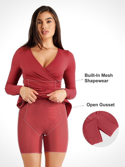 Shapewear Dantelli Uzun Kollu Faux Wrap İnceltici Midi Elbise