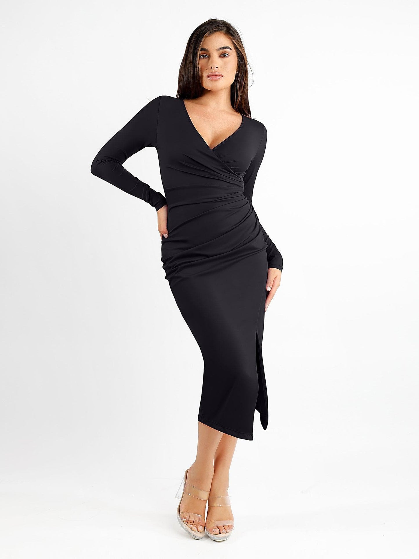 Shapewear Dantelli Uzun Kollu Faux Wrap İnceltici Midi Elbise