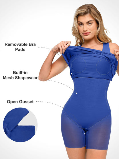 Shapewear Kare Yaka Kolsuz Dantelli Bodycon Mini Elbise