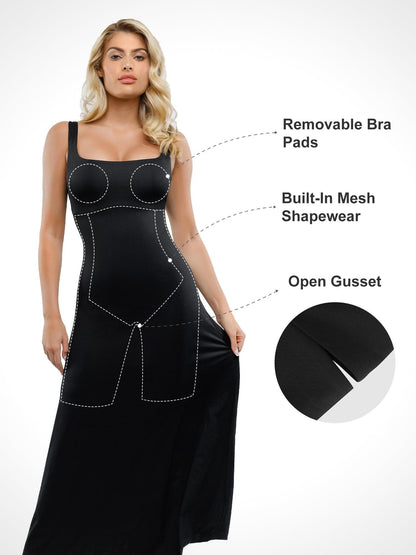 Shapewear Kolsuz Kare Yaka Kum Saati A-Line Maxi Elbise