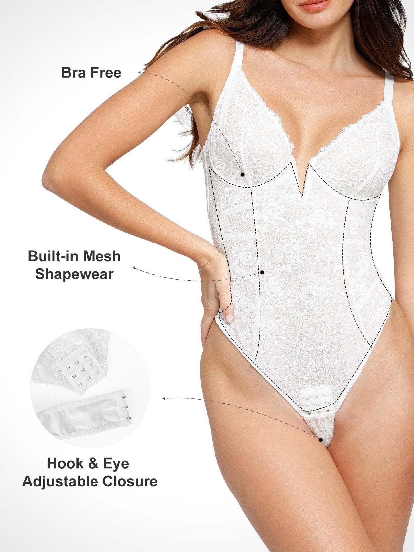 Shapewear Dantel Derin V Yaka Düşük Sırt Kum Saati Tanga Bodysuit